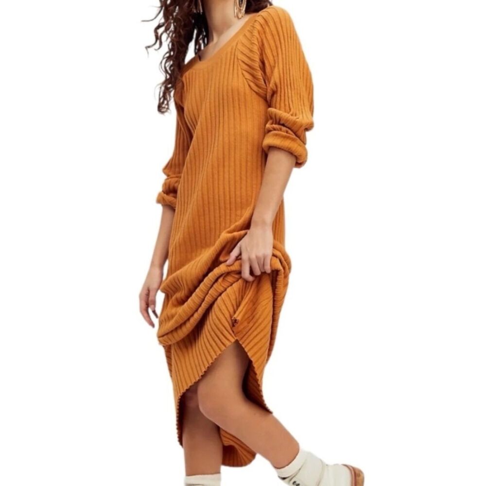 Free People Beach Walk About Maxi Sweater Dress Burnt Mustard Size Large
